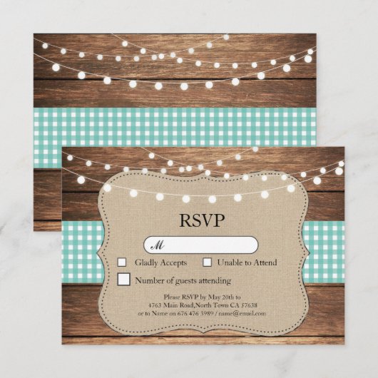 RSVP Wedding Blauwgroen Check Wood Light Cards nod (Voorkant / Achterkant)