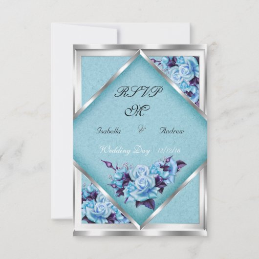 RSVP Wedding Blauwgroen Paarse Rozen Silver Bouque Kaart (Voorkant)