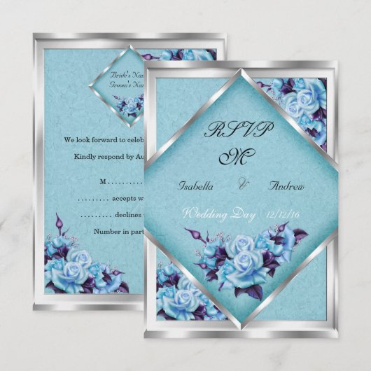 RSVP Wedding Blauwgroen Paarse Rozen Silver Bouque Kaart (Voorkant / Achterkant)
