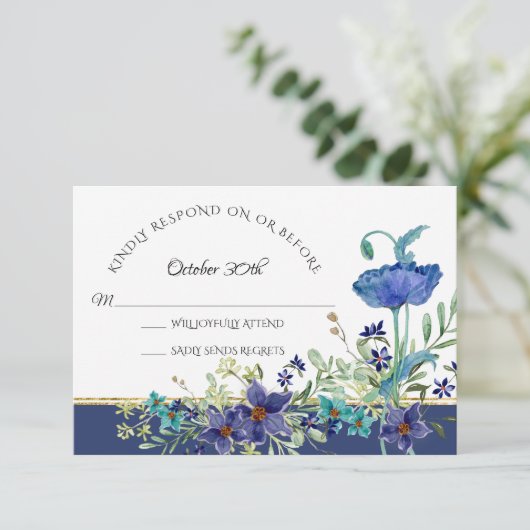 RSVP Wedding Blue Poppy Foliage Waterverf Floral Kaart (Staand voorkant)
