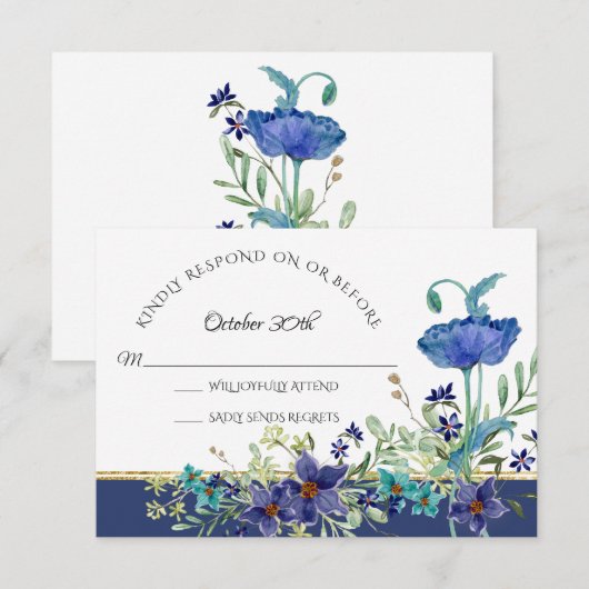 RSVP Wedding Blue Poppy Foliage Waterverf Floral Kaart (Voorkant / Achterkant)