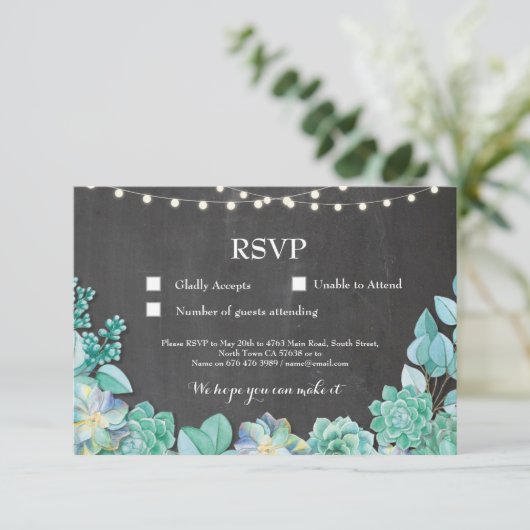 RSVP Wedding Chalk Mint Succulents Cards nodigt ui (Staand voorkant)