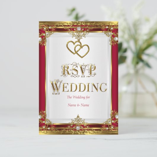 RSVP Wedding Elegant Red Gold White Golden (Staand voorkant)