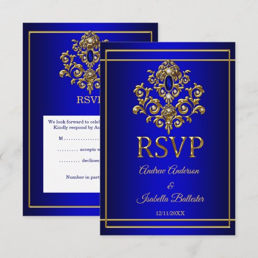 RSVP Wedding Elegant Royal Blue Gold Jewel 2 Kaart (Voorkant / Achterkant)