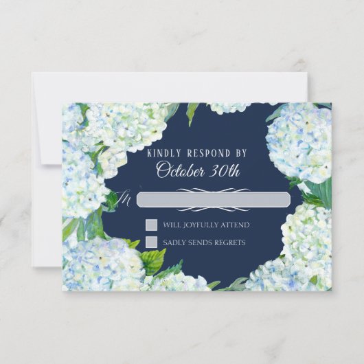 RSVP Wedding Floral White Hydrangea Navy Blue Kaart (Voorkant)
