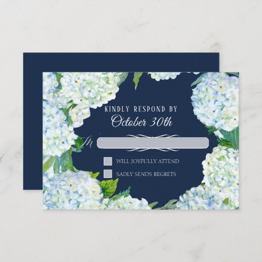RSVP Wedding Floral White Hydrangea Navy Blue Kaart (Voorkant / Achterkant)