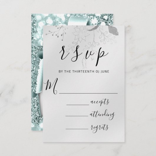 RSVP Wedding Glitter Florals Silver Aqua Blue (Voorkant / Achterkant)