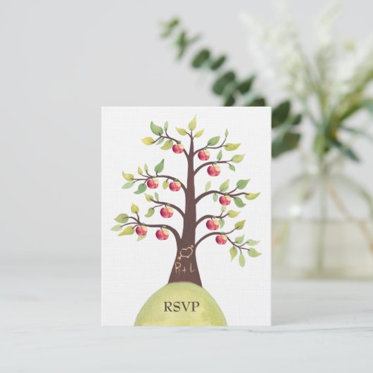 RSVP Wedding Monogram Apple Tree Carving Kaartje (Staand voorkant)