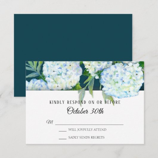RSVP Wedding Painted White Hydrangeas Peacock Blue Kaart (Voorkant / Achterkant)