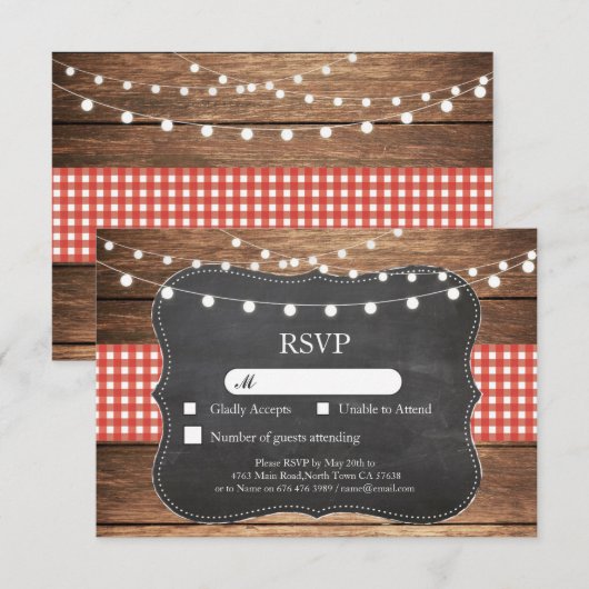 RSVP Wedding Red Check Wood Light Cards nodigt uit (Voorkant / Achterkant)