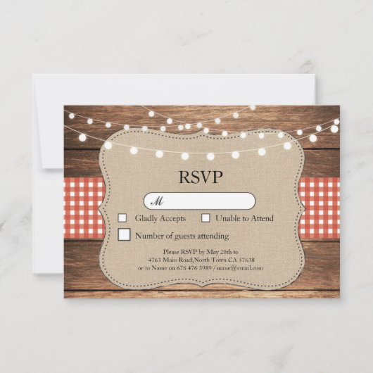 RSVP Wedding Red Check Wood Light Kaarten nodigt u (Voorkant)