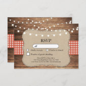 RSVP Wedding Red Check Wood Light Kaarten nodigt u (Voorkant / Achterkant)