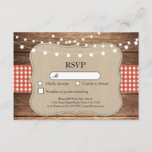 RSVP Wedding Red Check Wood Light Kaarten nodigt u
