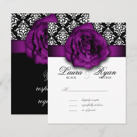 RSVP Wedding Reply Card Paars Roos Damask Kaartje (Voorkant / Achterkant)