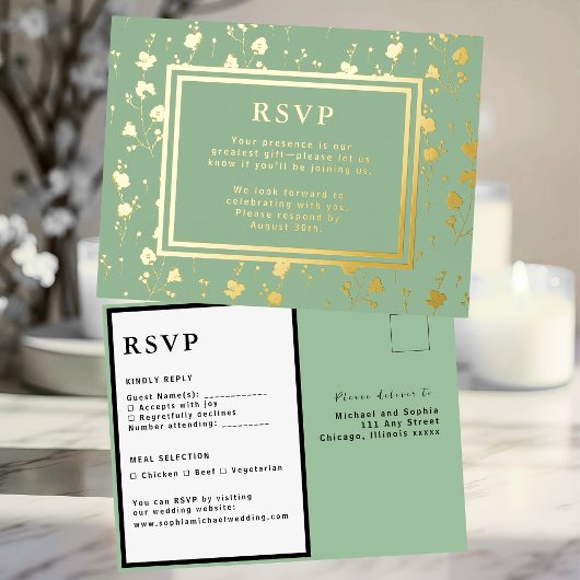 RSVP Wedding Response Kaart Flowers Sage Green