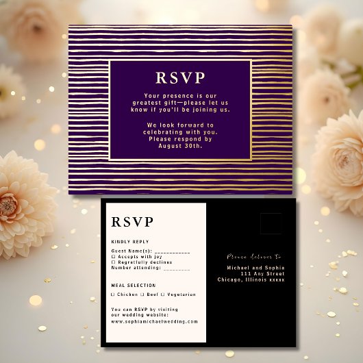 RSVP Wedding Response Kaart Modern Royal Paarse