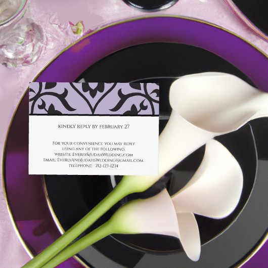 RSVP Wedding Response Kaart Paars Black Damask
