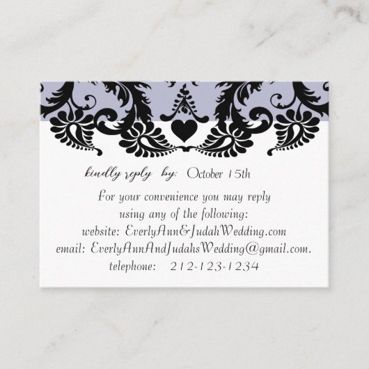RSVP Wedding Response Kaart Paars Black Damask (Voorkant)