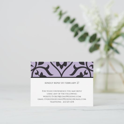 RSVP Wedding Response Kaart Paars Black Damask (Staand voorkant)