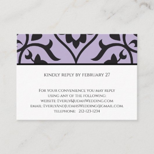 RSVP Wedding Response Kaart Paars Black Damask (Voorkant)