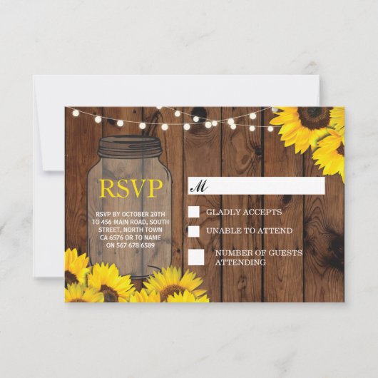 RSVP Wedding Rustic Jar Sunflower Antwoord Kaarten (Voorkant)