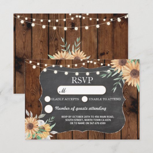 RSVP Wedding Rustic Lights Zonnebloem Reageer Kaar Kaart (Voorkant / Achterkant)