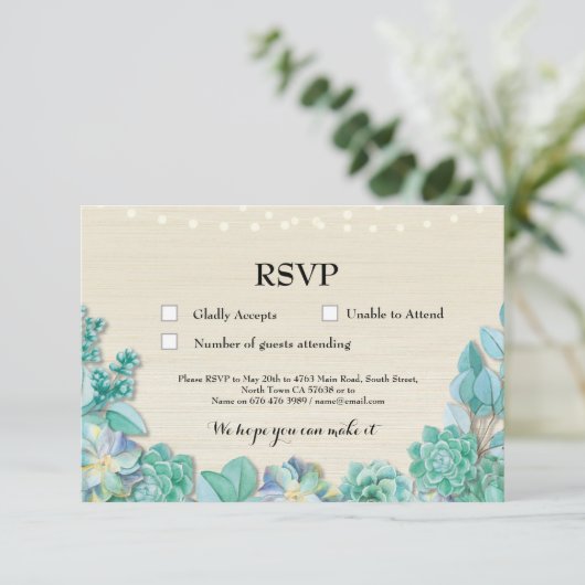 RSVP Wedding Rustic Mint Succulents Cards nodigt u (Staand voorkant)