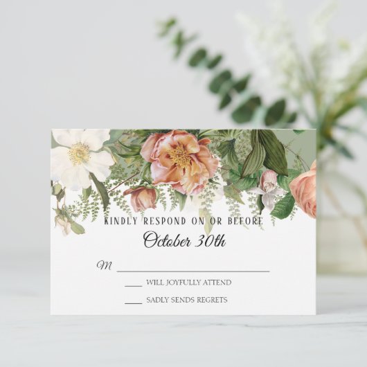 RSVP Wedding Sage Blush Ivory Roos Peony Ferns Kaart (Staand voorkant)