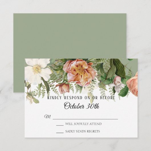 RSVP Wedding Sage Blush Ivory Roos Peony Ferns Kaart (Voorkant / Achterkant)