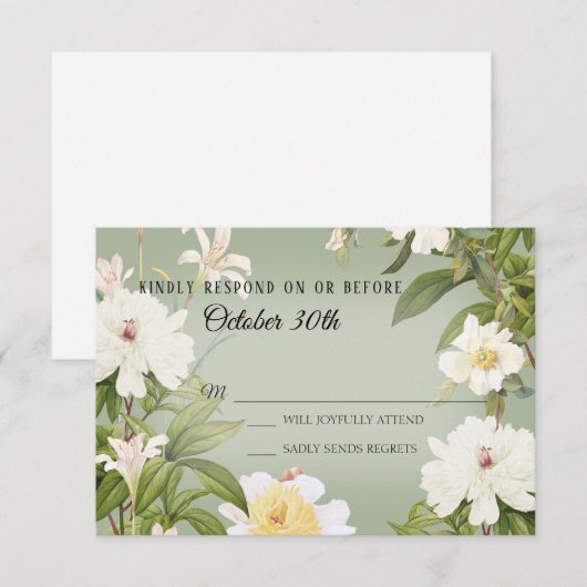 RSVP Wedding  Sage Green Ivory Roos Peony Kaart (Voorkant / Achterkant)