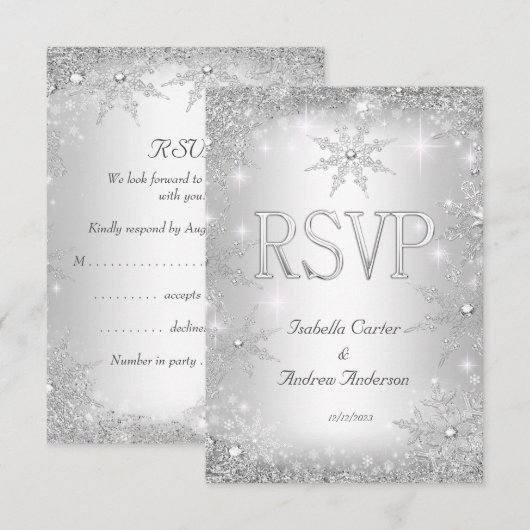 RSVP Wedding Silver Winter Wonderland Snowflakes (Voorkant / Achterkant)