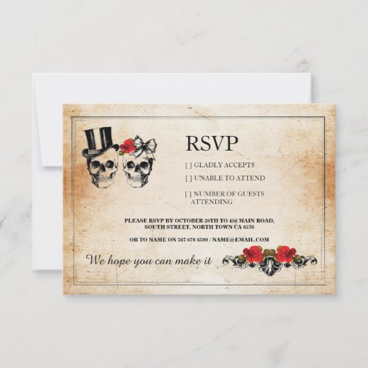 RSVP Wedding Skulls Skull Rozen Rustige kaarten (Voorkant)