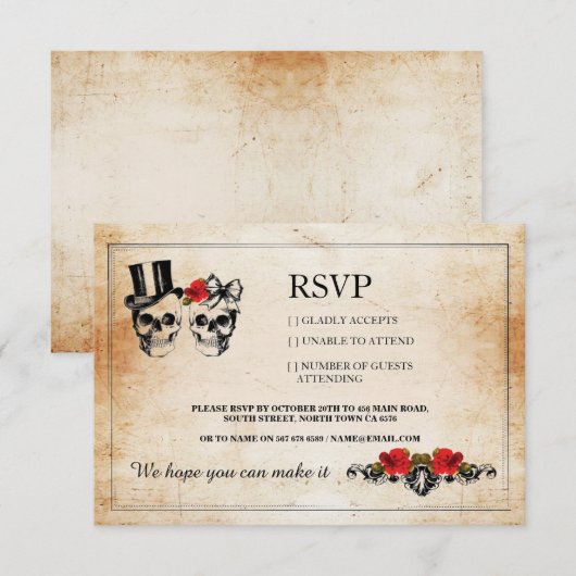 RSVP Wedding Skulls Skull Rozen Rustige kaarten (Voorkant / Achterkant)