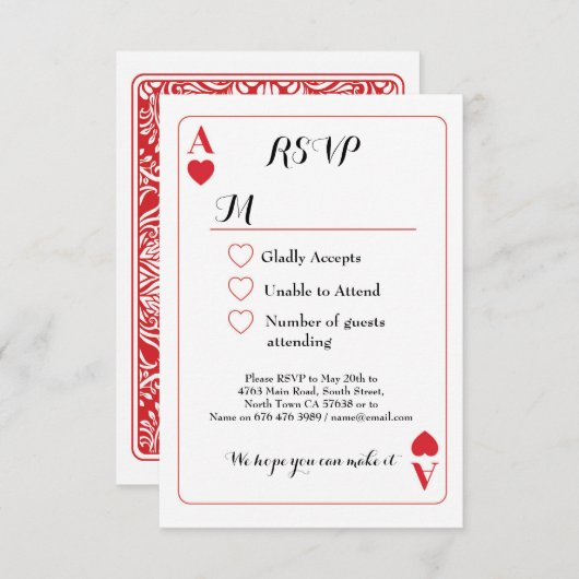 RSVP Wedding Speding Card Ace of Hearts nodigt u u (Voorkant / Achterkant)