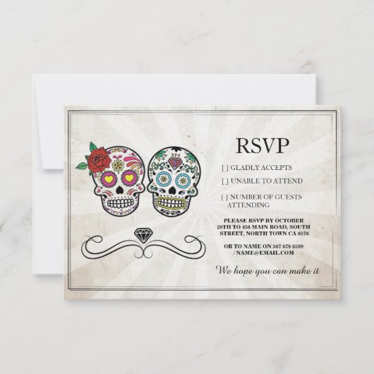 RSVP Wedding Sugar Skulls Diamond Rustige Kaarten (Voorkant)