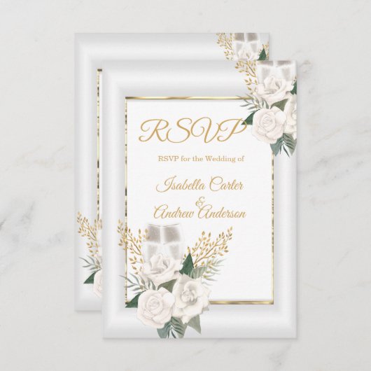 RSVP Wedding White Rose Floral Champagne Gold (Voorkant / Achterkant)