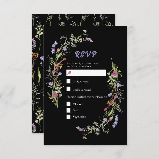 RSVP Wedding Wildflowers Floral Ditsy Dark Kaart (Voorkant / Achterkant)