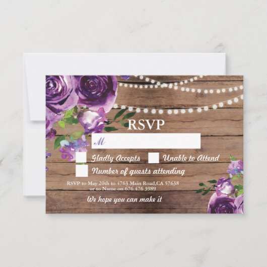 RSVP Wedding Wood Kaarten Paars Flowers nodigt uit (Voorkant)