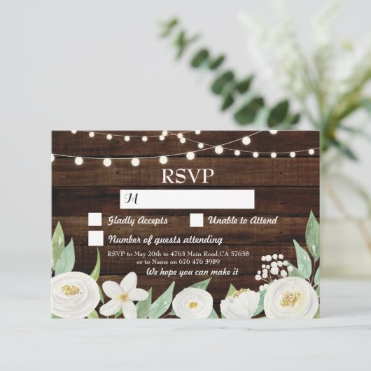 RSVP Wedding Wood kaarten Rustic Flowers nodigt ui (Staand voorkant)