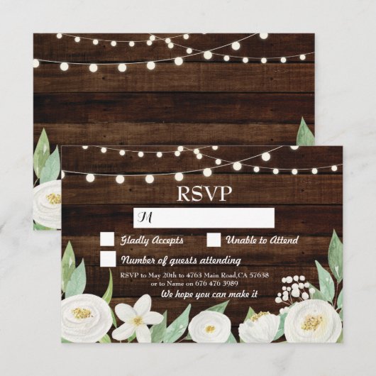 RSVP Wedding Wood kaarten Rustic Flowers nodigt ui (Voorkant / Achterkant)