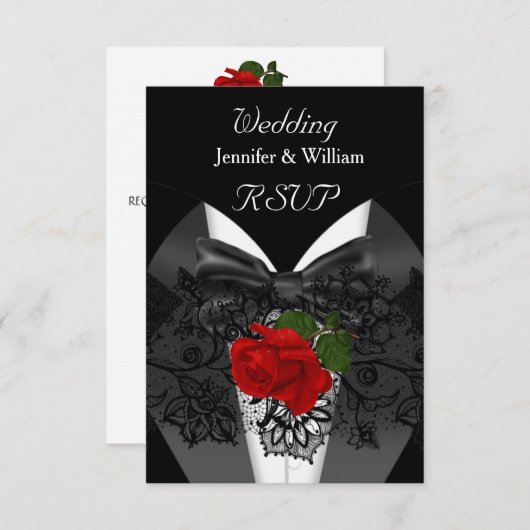 RSVP Wedding Zwart Wit Tuxedo Diep ROOD Rose (Voorkant / Achterkant)