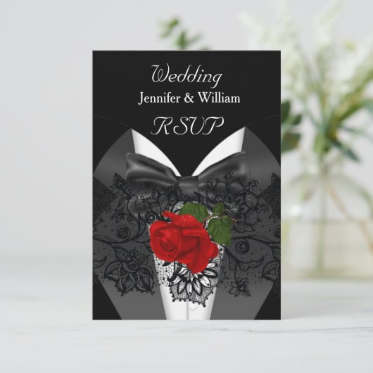 RSVP Wedding Zwart Wit Tuxedo Diep ROOD Rose (Staand voorkant)