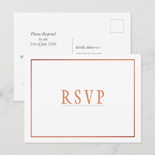 RSVP White Copper Oranje Simple Wedding Uitnodiging Briefkaart (Voorkant / Achterkant)