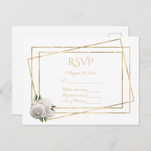 RSVP White en Gold met witte rozen Briefkaart (Voorkant / Achterkant)