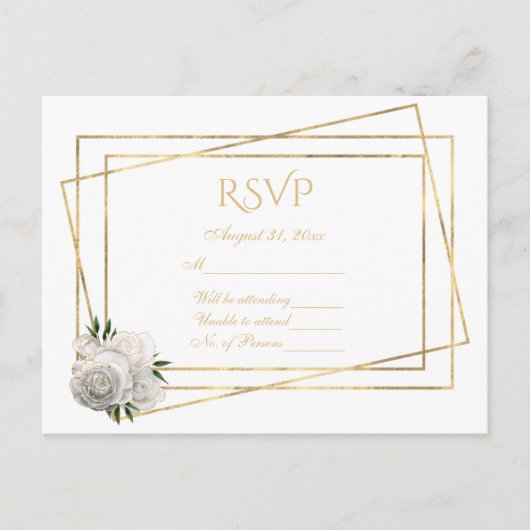 RSVP White en Gold met witte rozen Briefkaart (Voorkant)