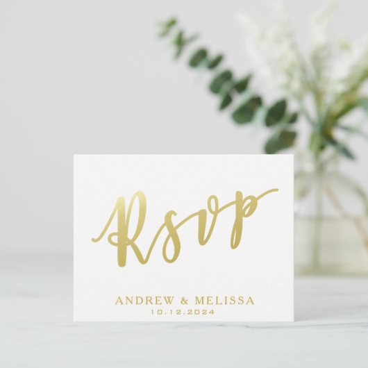 RSVP | White & Faux Gold Script-Briefkaart Uitnodiging Briefkaart (Staand voorkant)