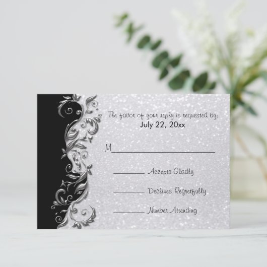 RSVP White Glitter, Black & Silver Floral Wedding (Staand voorkant)