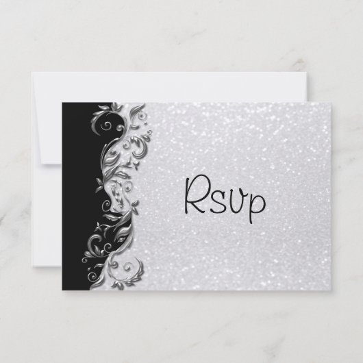 RSVP White Glitter, Black & Silver Floral Wedding (Achterkant)