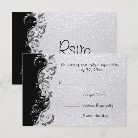 RSVP White Glitter, Black & Silver Floral Wedding (Voorkant / Achterkant)