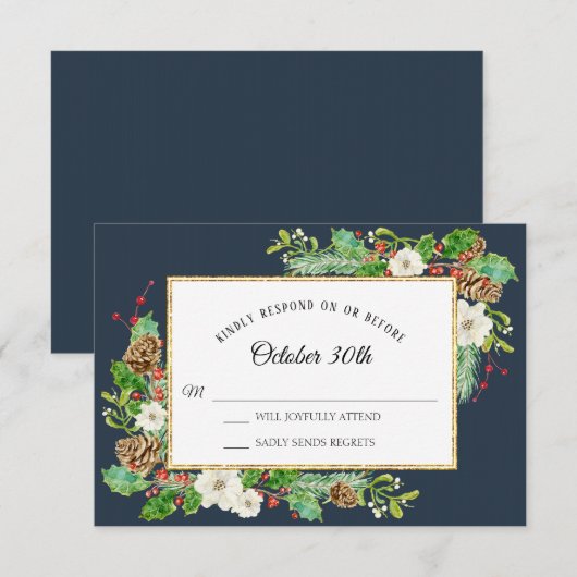 RSVP Winter Navy Blue Kerst Bloemen Waterverf Kaart (Voorkant / Achterkant)